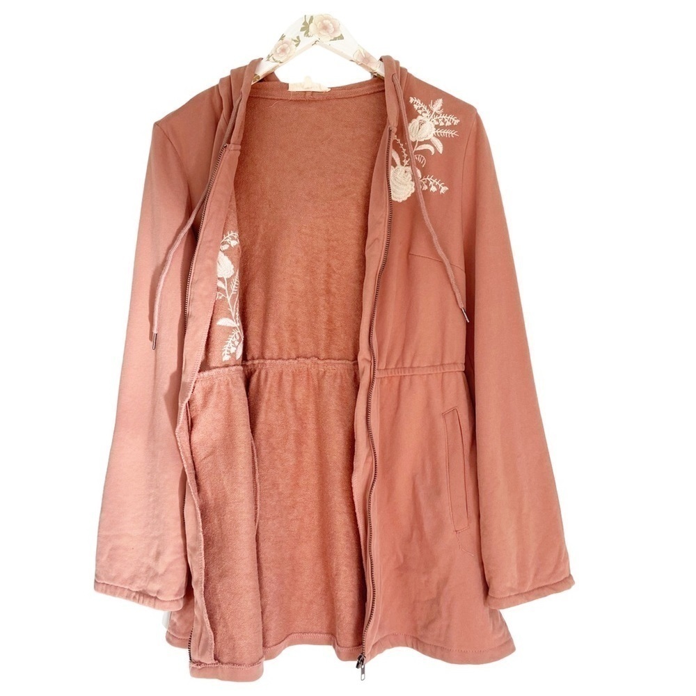 Solitaire Women's Floral Embroided Long Zip Hooded Sweatshirt Jacket Pink S - Picture 7 of 9